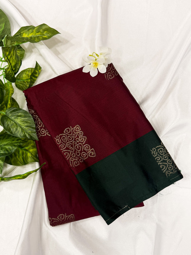 Deep Maroon Soft Silk Saree with Contrast Bottle Green Border