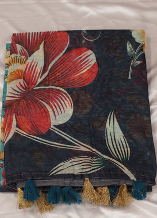 Dark Charcoal & Coral Floral Digital Print Saree