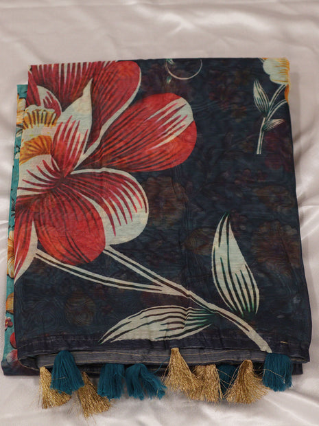 Dark Charcoal & Coral Floral Digital Print Saree