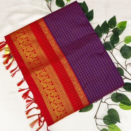 Premium Royal Purple &amp; Crimson Red Kalyani Cotton Saree