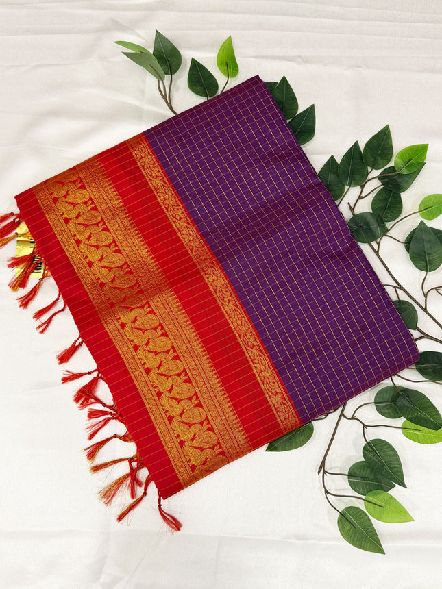 Premium Royal Purple &amp; Crimson Red Kalyani Cotton Saree