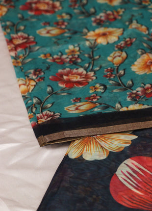 Dark Charcoal & Coral Floral Digital Print Saree