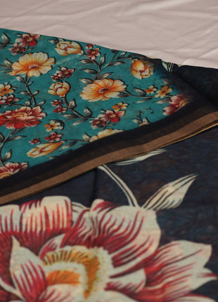 Dark Charcoal & Coral Floral Digital Print Saree