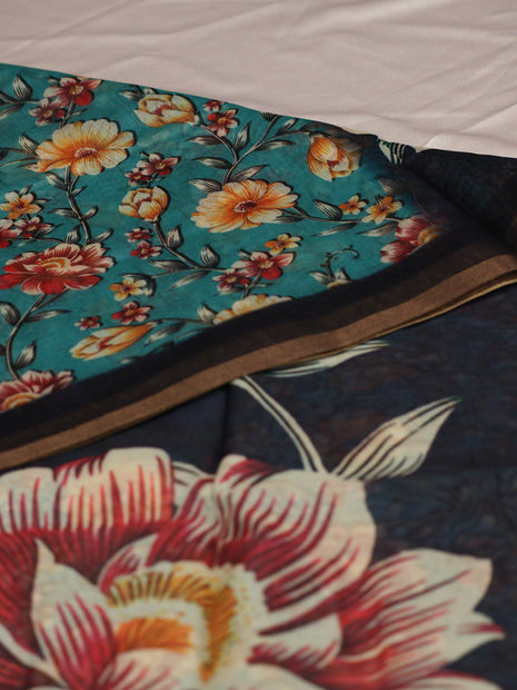Dark Charcoal & Coral Floral Digital Print Saree