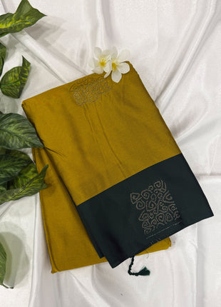 Mustard Yellow Soft Silk Saree with Contrast Dark Green Border