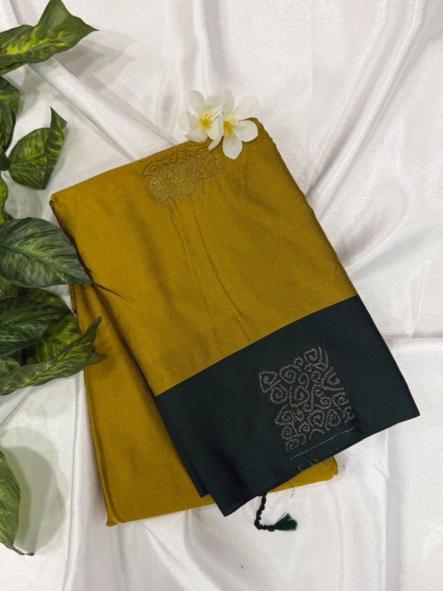 Mustard Yellow Soft Silk Saree with Contrast Dark Green Border