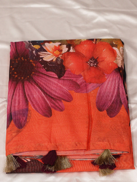 Sunset Orange Botanical Bloom Saree