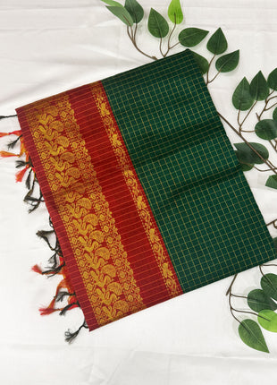 Premium Dark Bottle Green &amp; Crimson Red Kalyani Cotton Saree