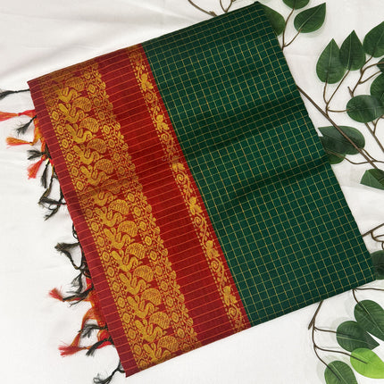 Premium Dark Bottle Green &amp; Crimson Red Kalyani Cotton Saree