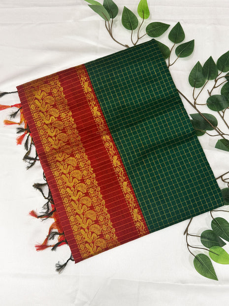 Premium Dark Bottle Green &amp; Crimson Red Kalyani Cotton Saree