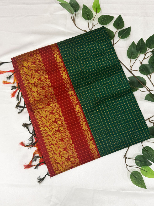 Premium Dark Bottle Green &amp; Crimson Red Kalyani Cotton Saree