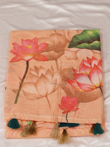 Peach Pink Lotus Digital Floral Print Saree