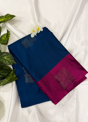 Peacock Blue Soft Silk Saree with Contrast Magenta Pink Border