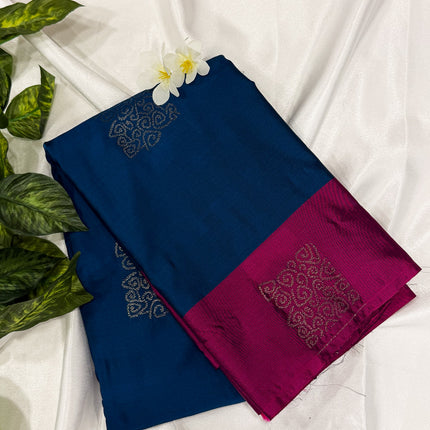 Peacock Blue Soft Silk Saree with Contrast Magenta Pink Border