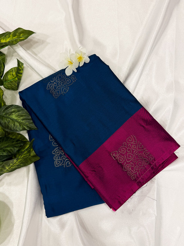 Peacock Blue Soft Silk Saree with Contrast Magenta Pink Border