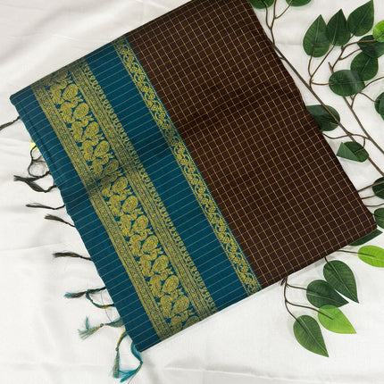 Premium Dark Chocolate Brown &amp; Peacock Blue Kalyani Cotton Saree