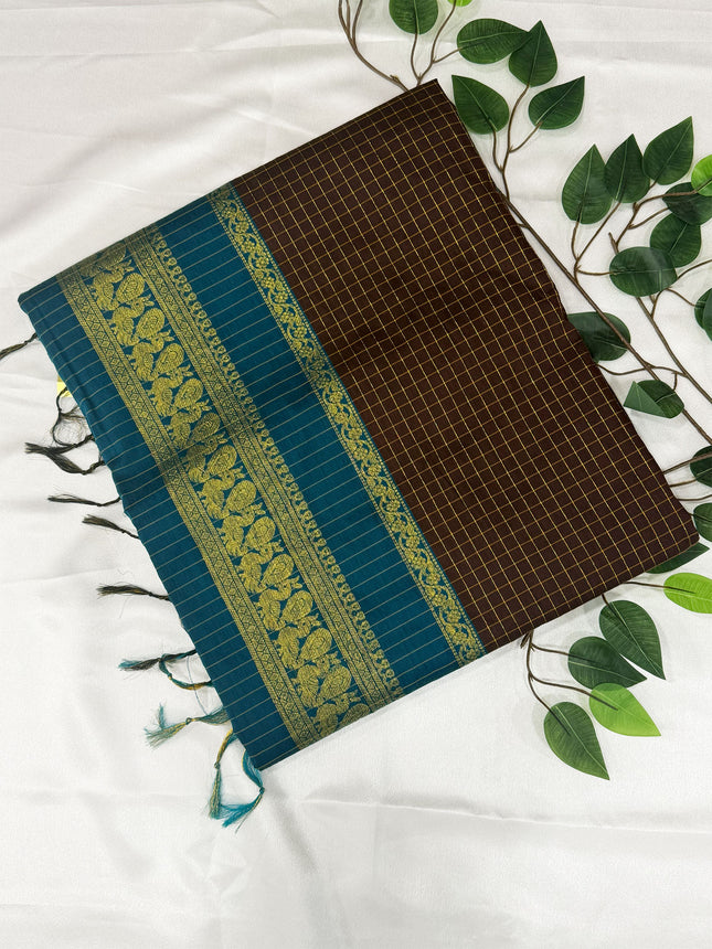 Premium Dark Chocolate Brown &amp; Peacock Blue Kalyani Cotton Saree