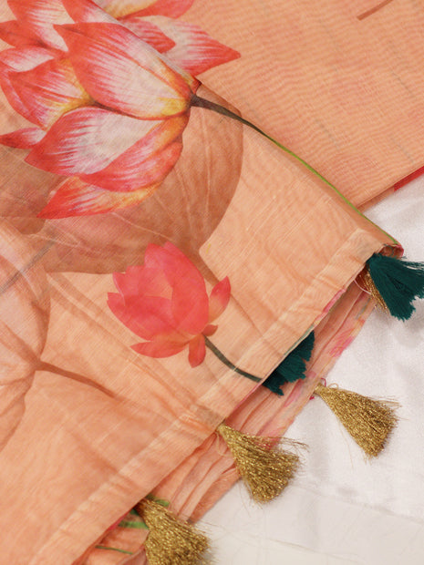 Peach Pink Lotus Digital Floral Print Saree