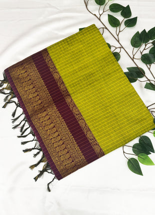 Premium Olive Green &amp; Deep Wine Kalyani Cotton Saree