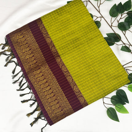 Premium Olive Green &amp; Deep Wine Kalyani Cotton Saree