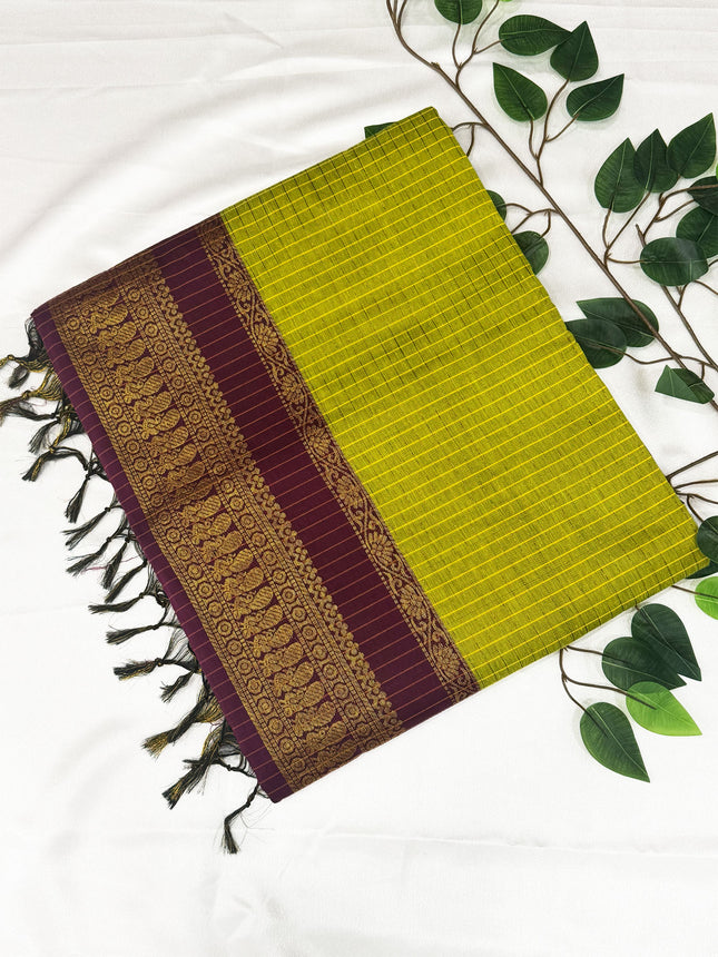 Premium Olive Green &amp; Deep Wine Kalyani Cotton Saree