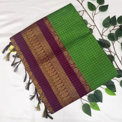Premium Leaf Green &amp; Deep Plum Kalyani Cotton Saree