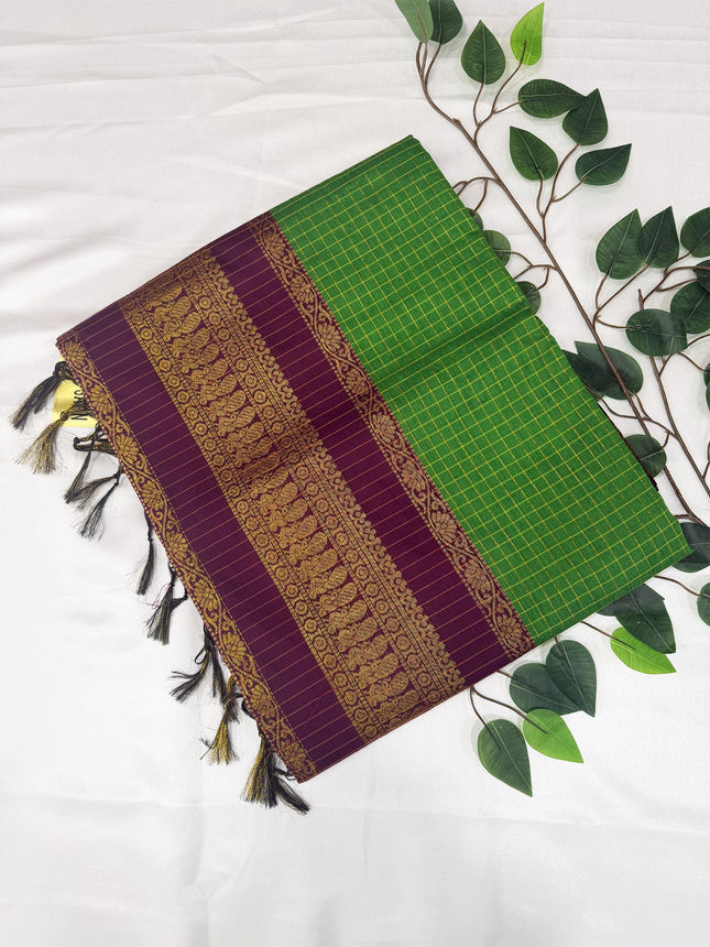Premium Leaf Green &amp; Deep Plum Kalyani Cotton Saree