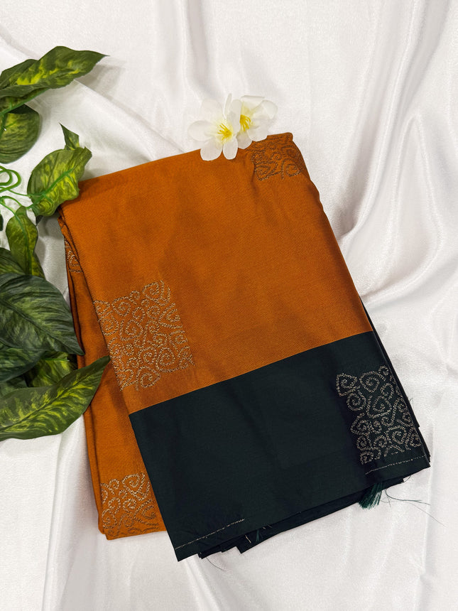 Rust Orange Soft Silk Saree with Contrast Dark Green Border