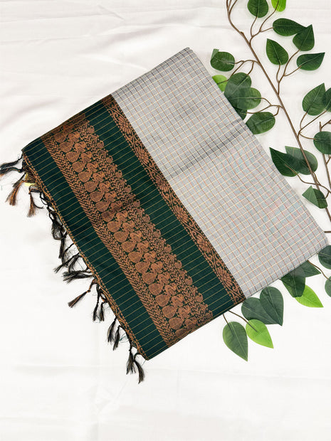 Light Grey & Dark Emerald Green Kalyani Cotton Saree