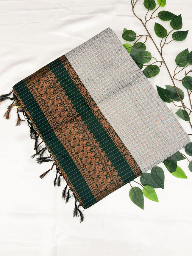 Light Grey &amp; Dark Emerald Green Kalyani Cotton Saree