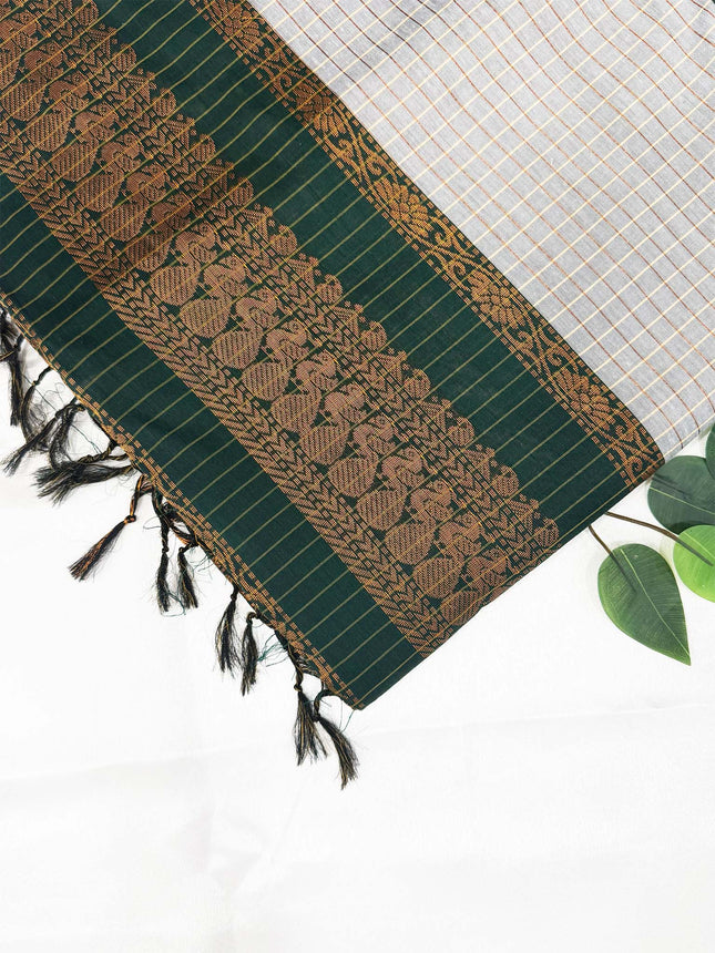 Light Grey &amp; Dark Emerald Green Kalyani Cotton Saree