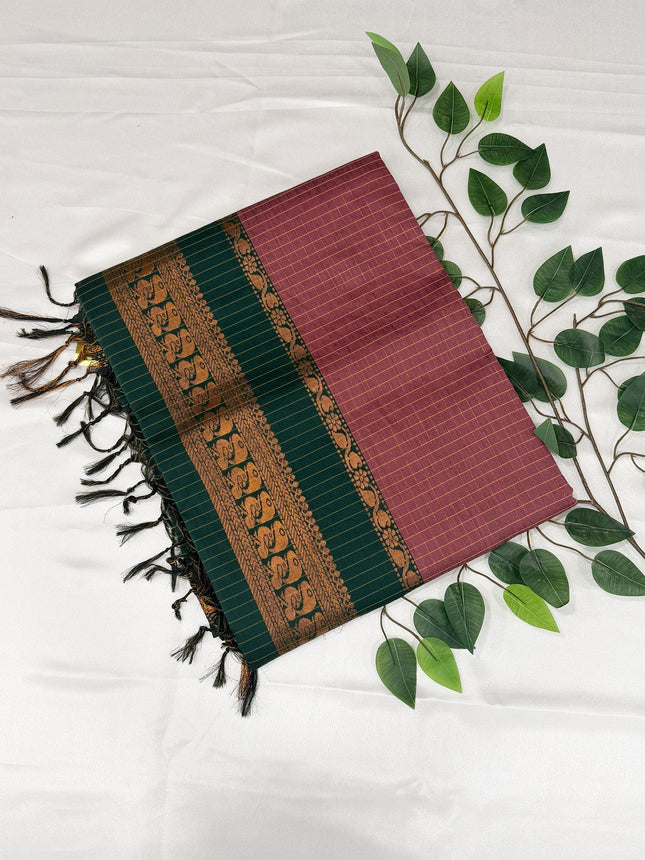 Premium Dusty Rose Pink &amp; Emerald Green Kalyani Cotton Saree