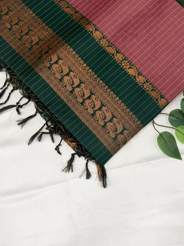 Premium Dusty Rose Pink &amp; Emerald Green Kalyani Cotton Saree