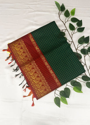 Premium Emerald Green &amp; Crimson Red Kalyani Cotton Saree