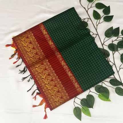 Premium Emerald Green &amp; Crimson Red Kalyani Cotton Saree