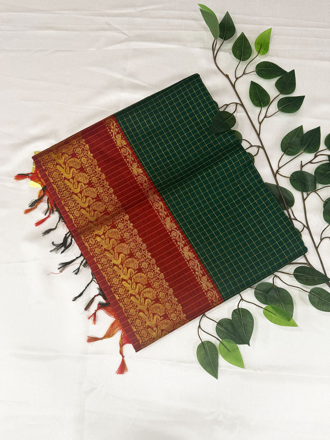 Premium Emerald Green &amp; Crimson Red Kalyani Cotton Saree