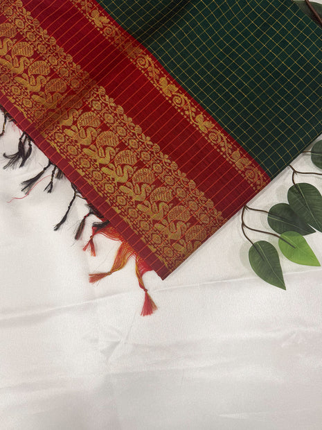 Premium Emerald Green &amp; Crimson Red Kalyani Cotton Saree