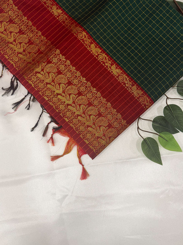 Premium Emerald Green &amp; Crimson Red Kalyani Cotton Saree