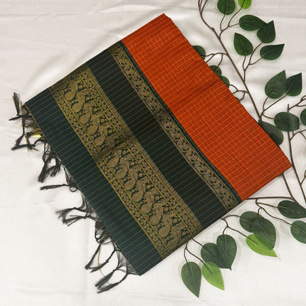 Premium Rust Orange &amp; Dark Forest Green Kalyani Cotton Saree