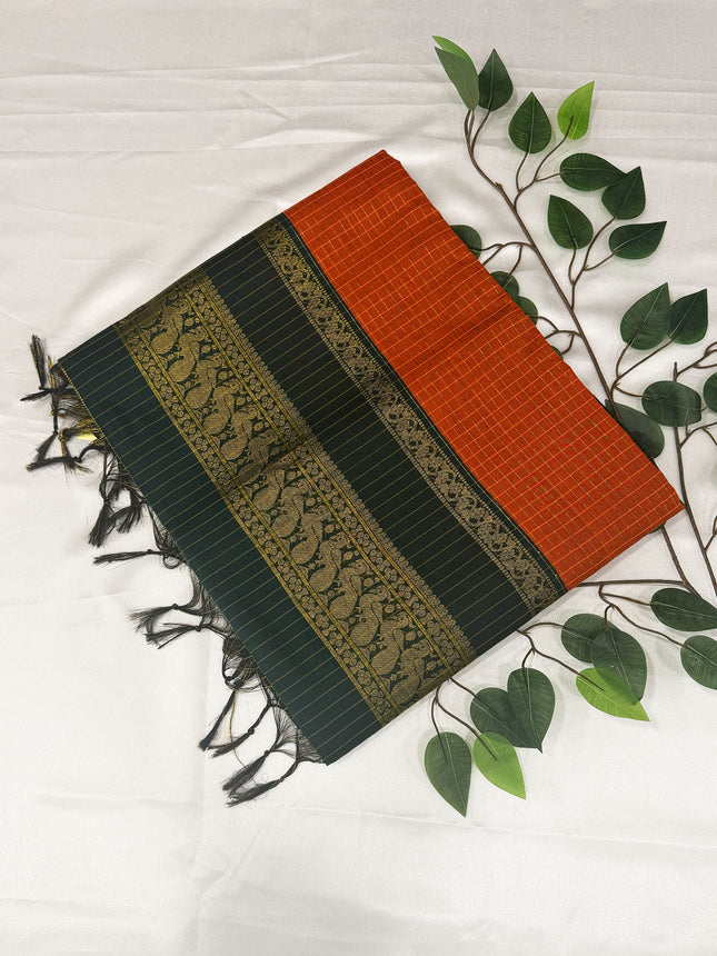 Premium Rust Orange &amp; Dark Forest Green Kalyani Cotton Saree