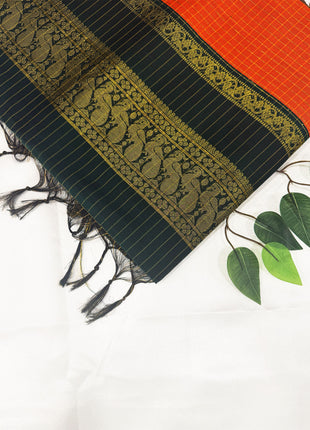 Premium Rust Orange &amp; Dark Forest Green Kalyani Cotton Saree