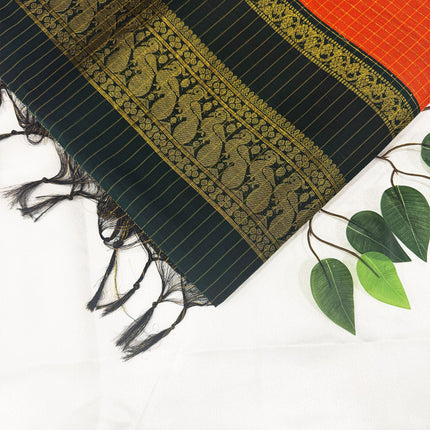 Premium Rust Orange &amp; Dark Forest Green Kalyani Cotton Saree