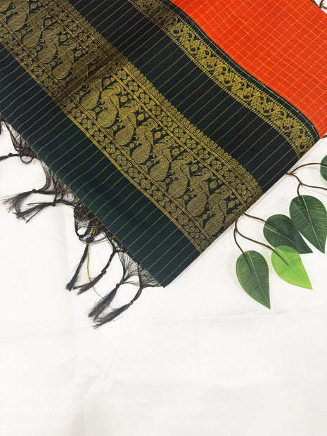 Premium Rust Orange &amp; Dark Forest Green Kalyani Cotton Saree