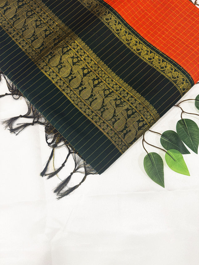 Premium Rust Orange &amp; Dark Forest Green Kalyani Cotton Saree