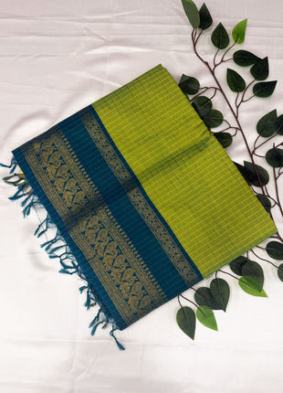 Premium Lime Green &amp; Peacock Blue Kalyani Cotton Saree