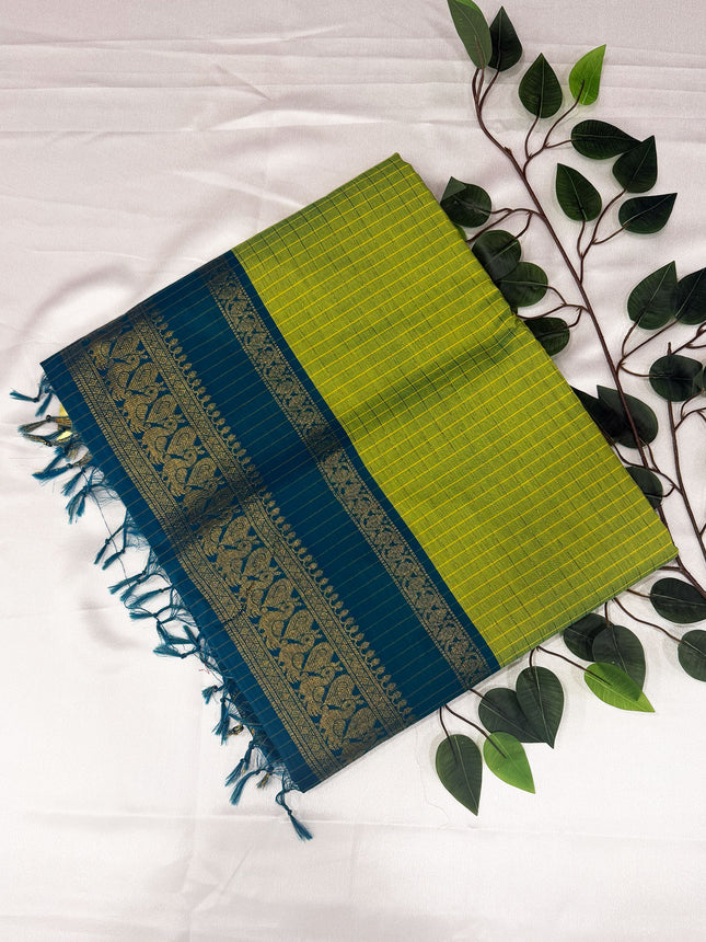 Premium Lime Green &amp; Peacock Blue Kalyani Cotton Saree