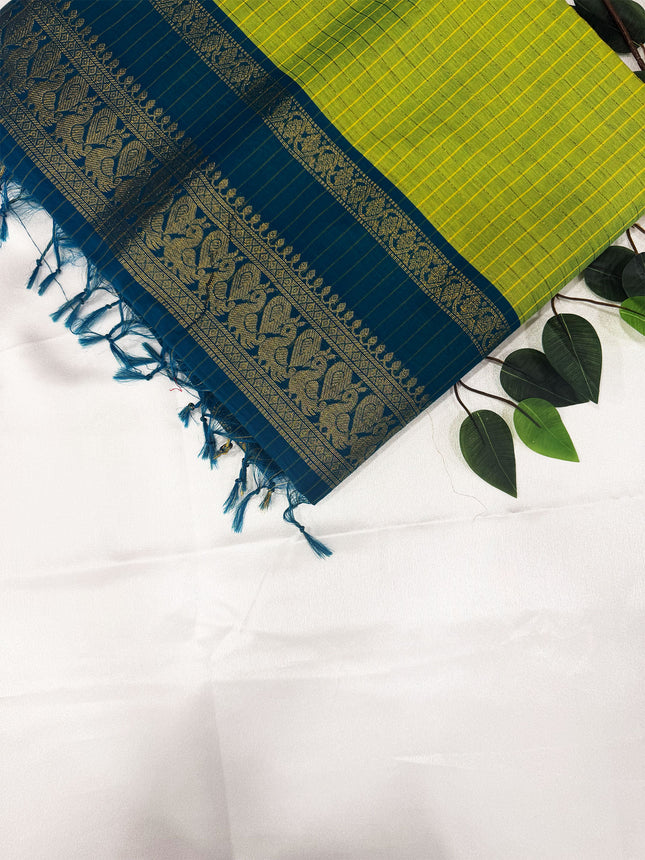 Premium Lime Green &amp; Peacock Blue Kalyani Cotton Saree