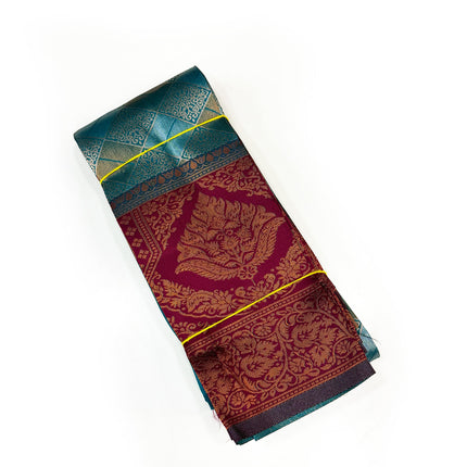 Regal Peacock Blue &amp; Crimson Zari Woven Silk Saree