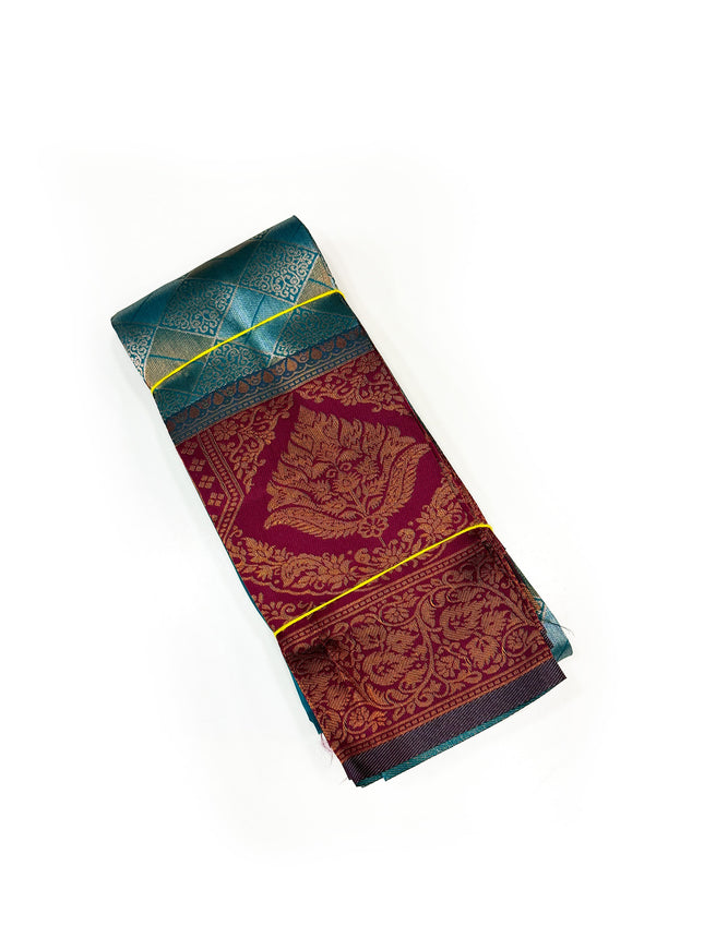 Regal Peacock Blue &amp; Crimson Zari Woven Silk Saree