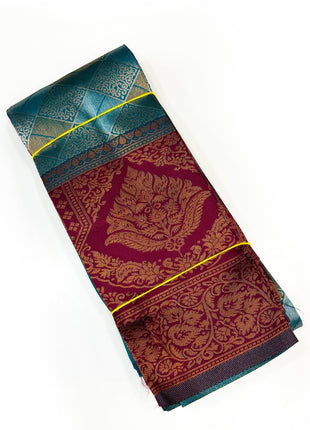 Regal Peacock Blue &amp; Crimson Zari Woven Silk Saree